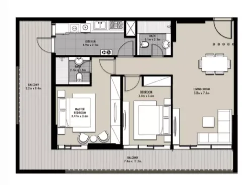 Floor plan, 2 Beds, 1,349 sq ft