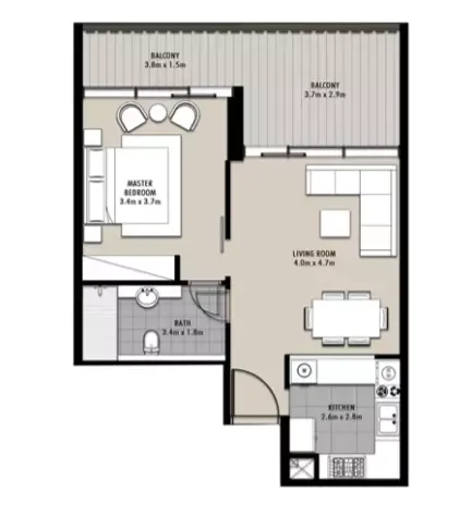 Floor plan, 1 Bed, 769 sq ft