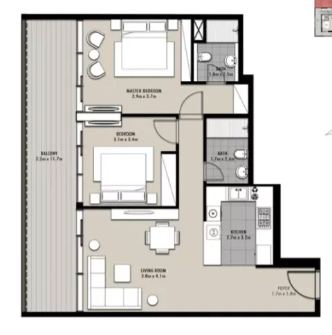 Floor plan, 2 Beds, 1,255 sq ft