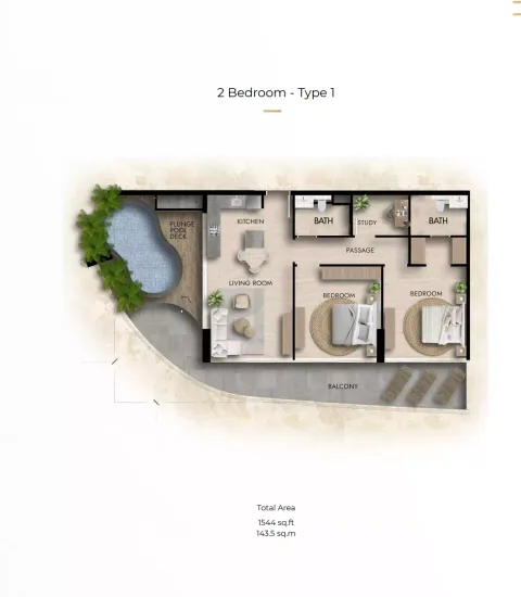Floor plan, 2 Beds, 1,544 sq ft