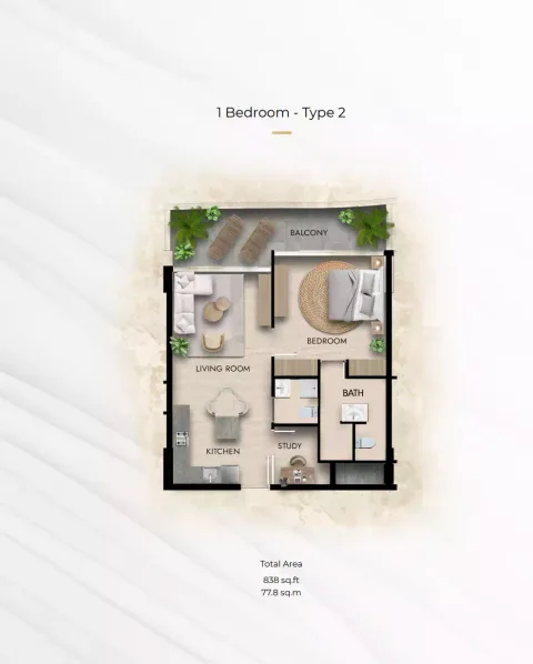 Floor plan, 1 Bed, 838 sq ft
