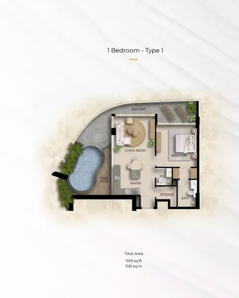 Floor plan, 1 Bed, 1,159 sq ft