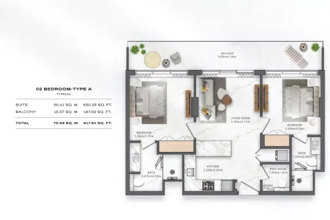 Floor plan, 2 Beds, 817 sq ft
