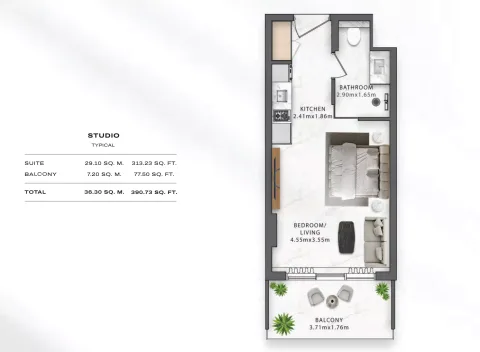 Floor plan, Studio, 390 sq ft