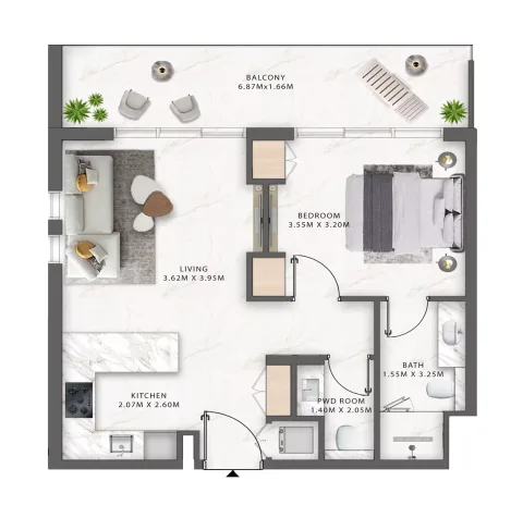 Floor plan, 1 Bed, 672 sq ft