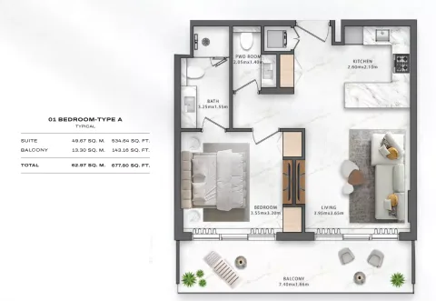 Floor plan, 1 Bed, 677 sq ft