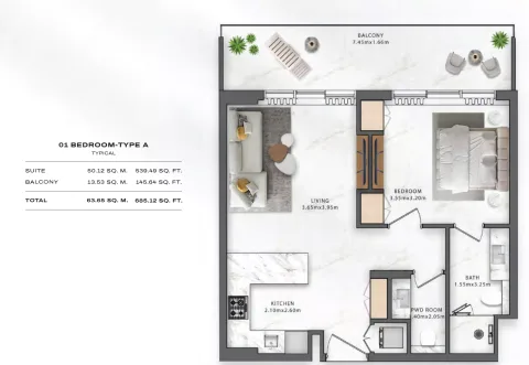 Floor plan, 1 Bed, 685 sq ft