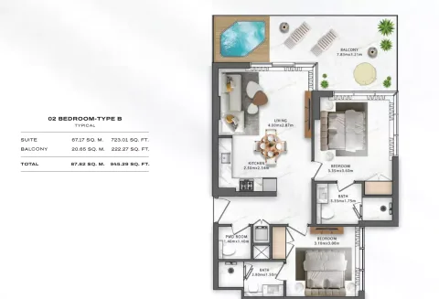 Floor plan, 2 Beds, 945 sq ft