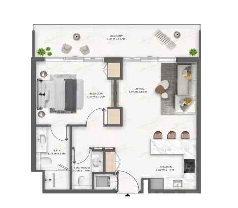Floor plan, 1 Bed, 685 sq ft
