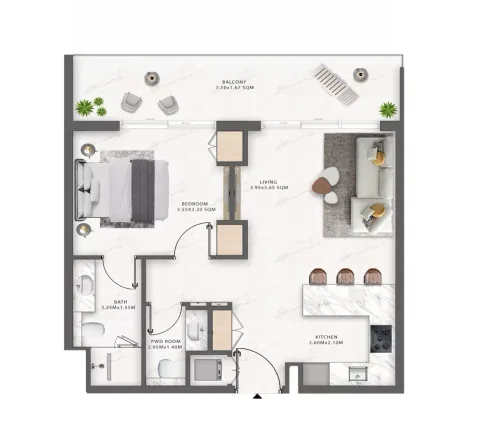 Floor plan, 1 Bed, 675 sq ft