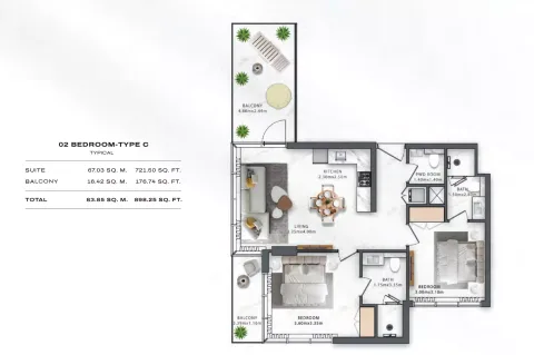 Floor plan, 2 Beds, 898 sq ft
