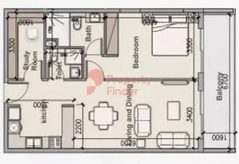 Floor plan, 1 Bed, 858 sq ft