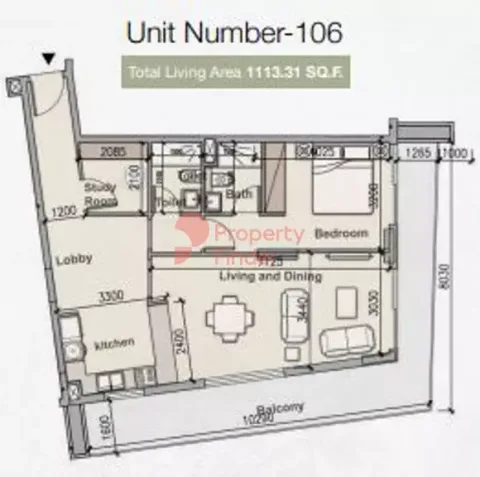 Floor plan, 1 Bed, 1,113 sq ft