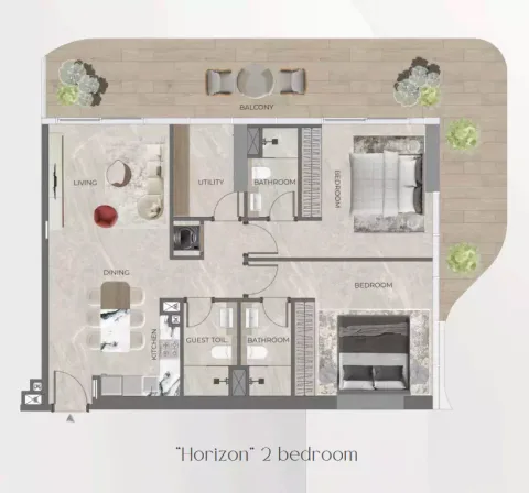 Floor plan, 2 Beds, 982 sq ft