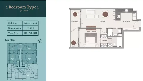 Floor plan, 1 Bed, 788 sq ft