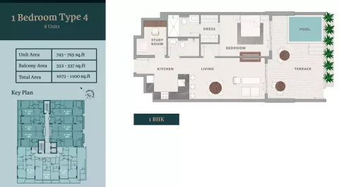 Floor plan, 1 Bed, 1,100 sq ft