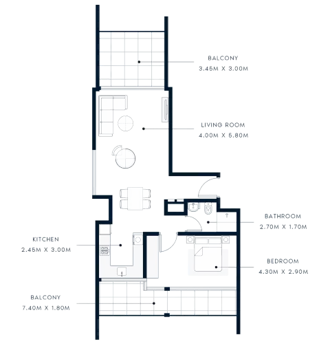 Floor plan, 1 Bed, 956 sq ft