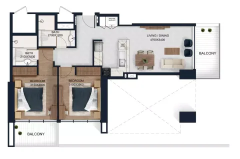 Floor plan, 2 Beds, 979 sq ft