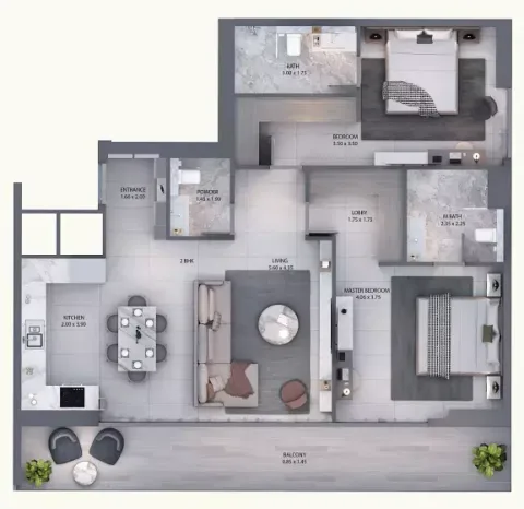 Floor plan, 2 Beds, 1,247 sq ft