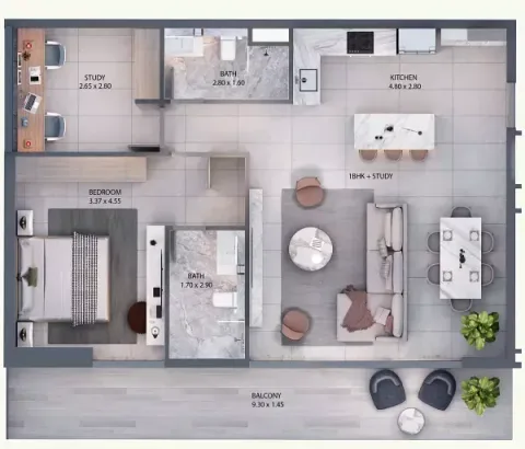 Floor plan, 1 Bed, 1,132 sq ft