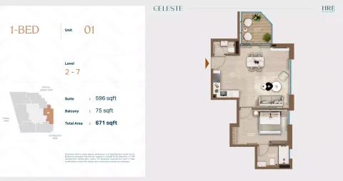 Floor plan, 1 Bed, 671 sq ft