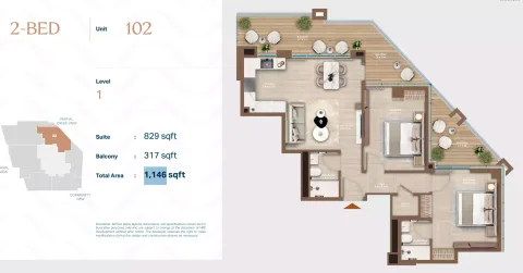 Floor plan, 2 Beds, 1,146 sq ft