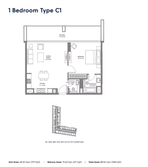 Floor plan, 1 Bed, 948 sq ft