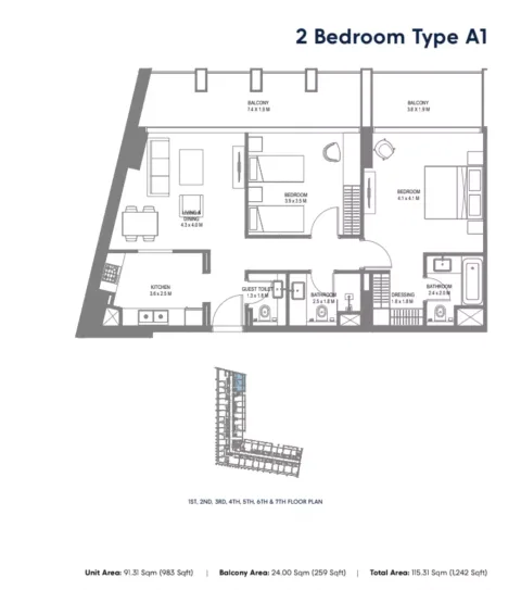 Floor plan, 2 Beds, 1,242 sq ft