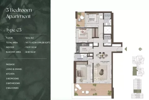 Floor plan, 3 Beds, 1,590 sq ft