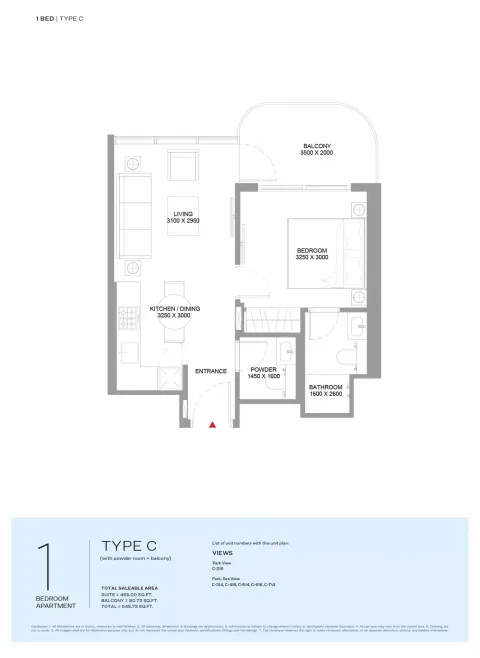 Floor plan, 1 Bed, 545 sq ft