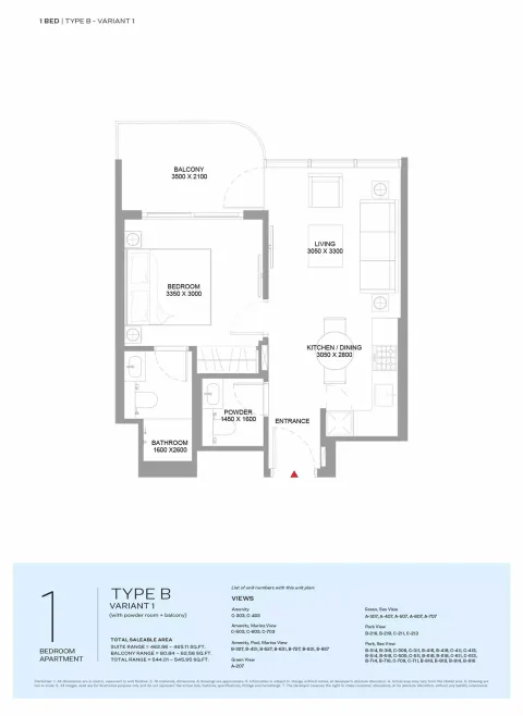 Floor plan, 1 Bed, 545 sq ft