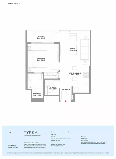 Floor plan, 1 Bed, 514 sq ft