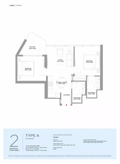 Floor plan, 2 Beds, 718 sq ft