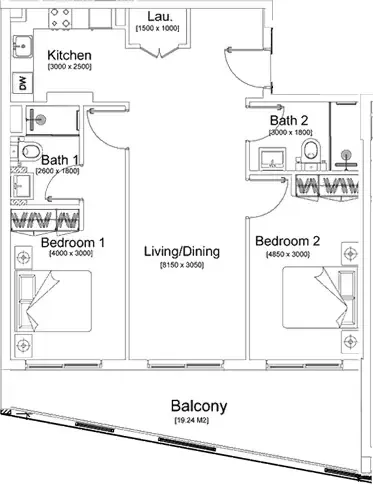 Floor plan, 2 Beds, 1,094 sq ft