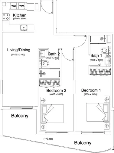 Floor plan, 2 Beds, 1,135 sq ft