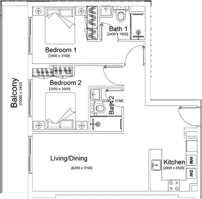 Floor plan, 2 Beds, 985 sq ft