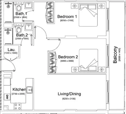 Floor plan, 2 Beds, 1,082 sq ft
