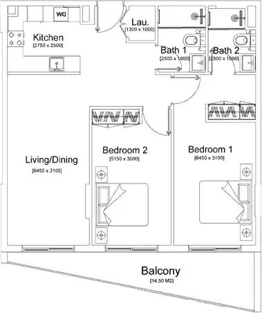Floor plan, 2 Beds, 1,104 sq ft