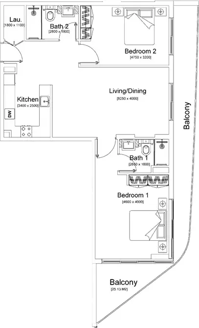 Floor plan, 2 Beds, 1,260 sq ft