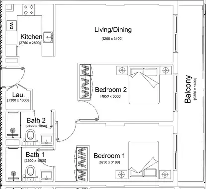 Floor plan, 2 Beds, 1,083 sq ft