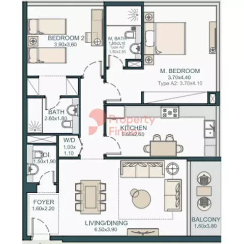 Floor plan, 2 Beds, 1,255 sq ft