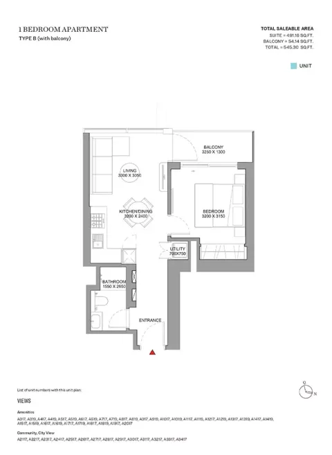 Floor plan, 1 Bed, 545 sq ft