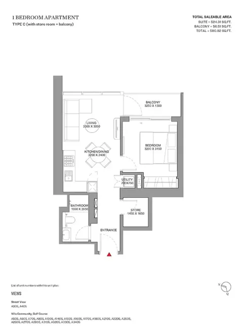 Floor plan, 1 Bed, 580 sq ft