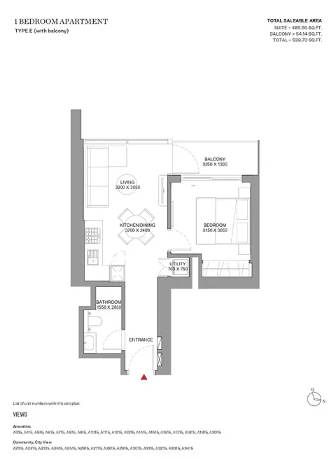 Floor plan, 1 Bed, 539 sq ft