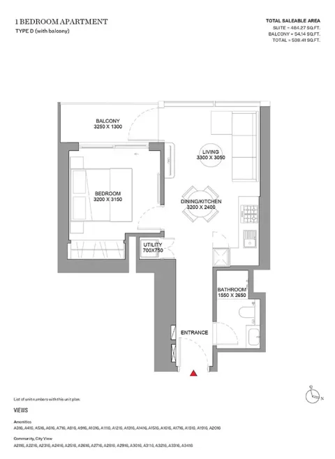 Floor plan, 1 Bed, 538 sq ft