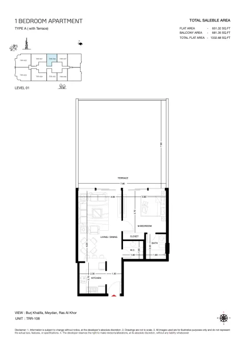 Floor plan, 1 Bed, 1,332 sq ft