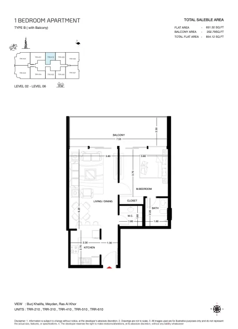 Floor plan, 1 Bed, 854 sq ft