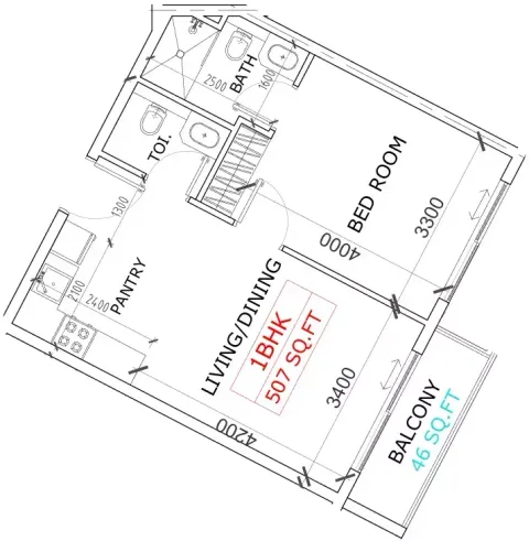Floor plan, 1 Bed, 523 sq ft