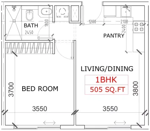 Floor plan, 1 Bed, 505 sq ft