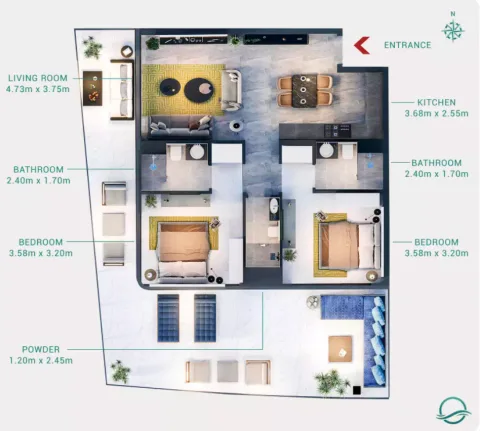 Floor plan, 2 Beds, 1,403 sq ft